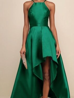 Lulus Emerald High-Low Satin Halter Evening Dress